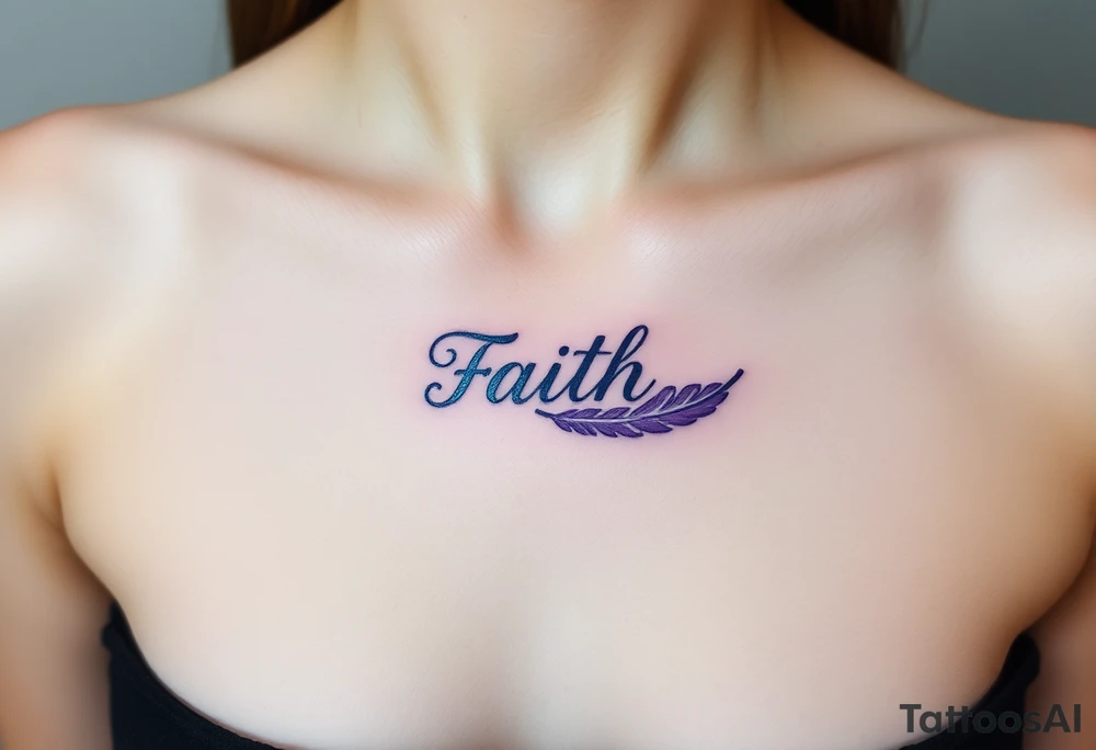 A lavender and silver feather with a subtle shimmer, carrying the word "Faith" tattoo idea