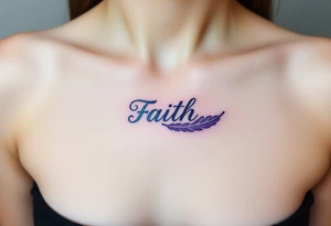 A lavender and silver feather with a subtle shimmer, carrying the word "Faith" tattoo idea
