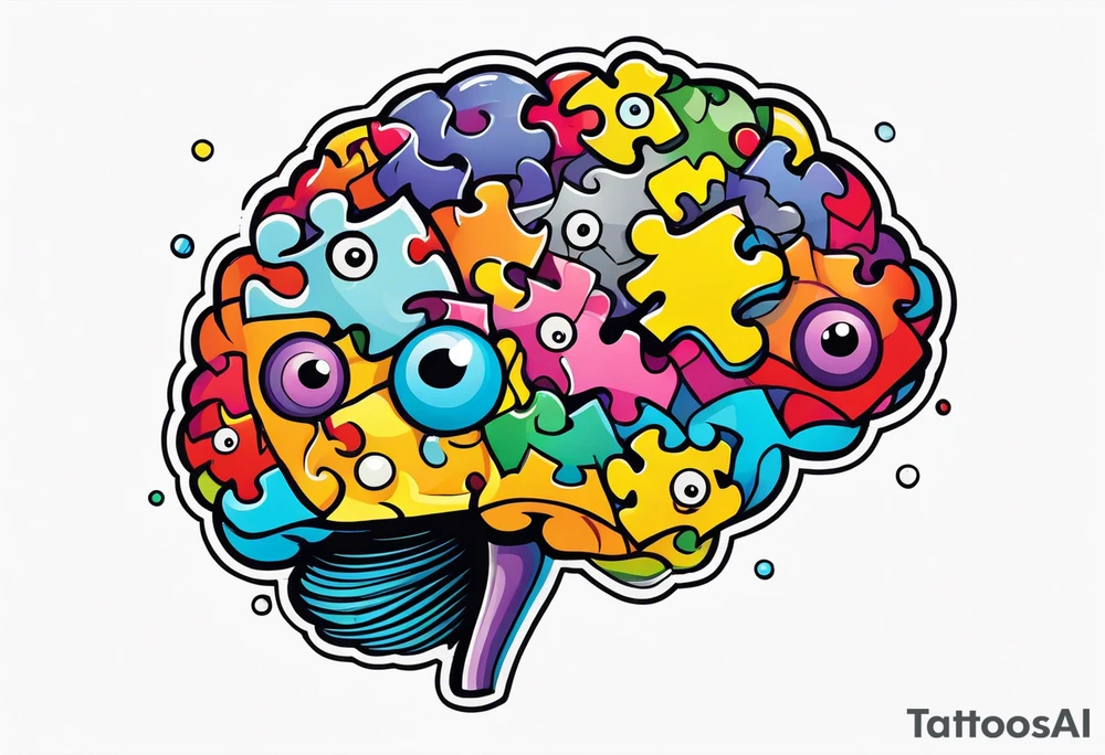 Colorful brain with eyeballs made of puzzle pieces tattoo idea