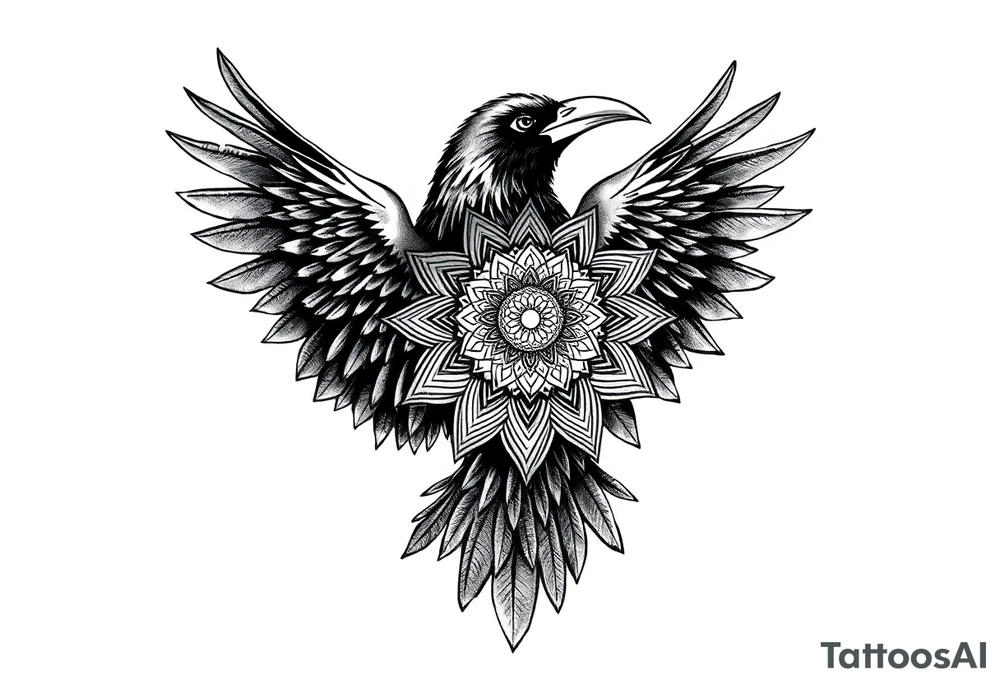 black raven with mandala tattoo idea