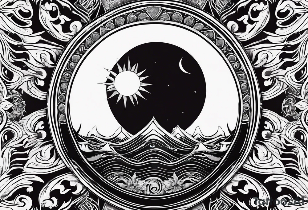 Small fire with sun rays on top over a half moon tattoo idea