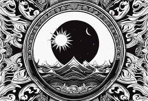 Small fire with sun rays on top over a half moon tattoo idea