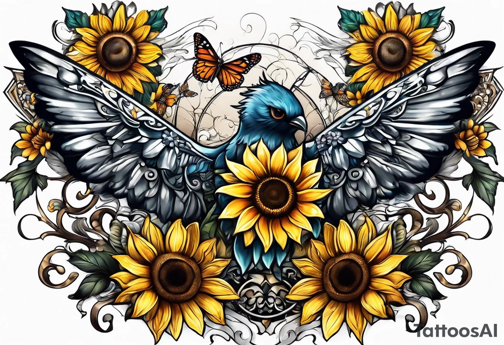 Arm sleeve with Winged cross with sunflower and butterflies tattoo idea