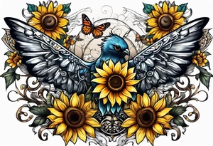 Arm sleeve with Winged cross with sunflower and butterflies tattoo idea