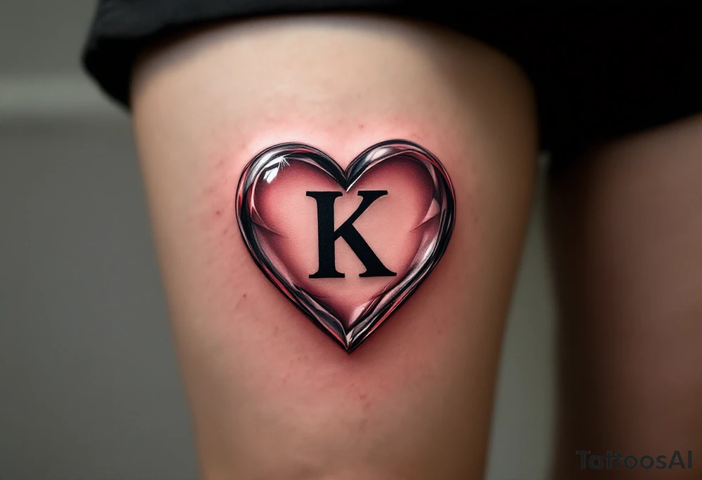 A realistic glass heart with the letter "K" frozen inside, representing love that is pure and preserved forever. tattoo idea