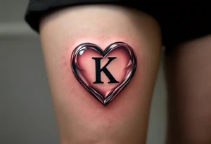 A realistic glass heart with the letter "K" frozen inside, representing love that is pure and preserved forever. tattoo idea