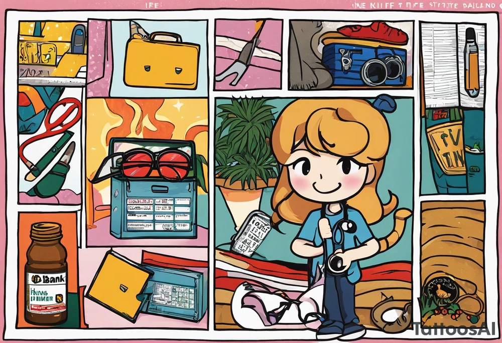 Scepter in one hand knife in pocket
A stethoscope hanging around your neck
Mushrooms 
Naked cats 
Ice 
Watches 
Chase bank on fire ❤️
A mirror with a few lines
Feragamo shoe boxes 
Jay is backdrop entire back
Tina and Gabriel inside of a larger naked cat 
5 10k straps
Small pic of Jen’s RAV4 license plate JEN
MDMA rock
A little Pic of Leland if everything works out
Small pic of cheena and V
Small pic of Turban J and Heather 
In a very prominent spot, a picture of Brady driving boat, Thea and Zane in a tube
Panerai money clips the letters Svvj tattoo idea