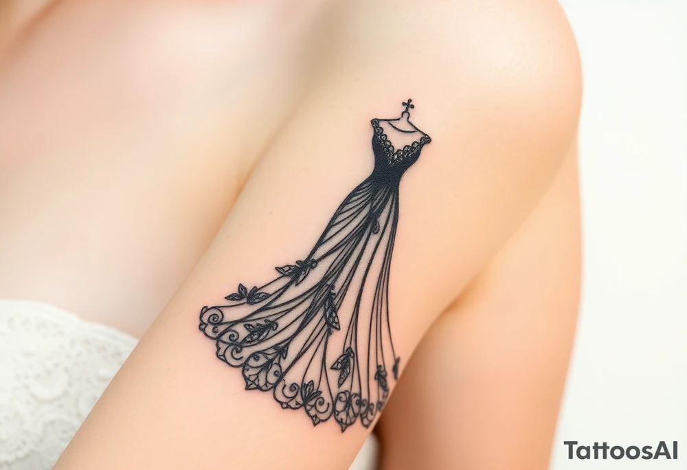 An elegant wedding dress silhouette, with intricate lace detailing and a soft, flowing train tattoo idea