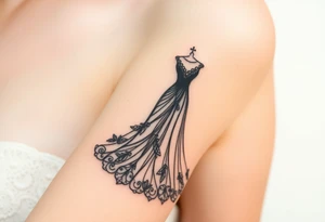 An elegant wedding dress silhouette, with intricate lace detailing and a soft, flowing train tattoo idea