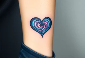 Fully depicted infinity symbol with a heart made of swirling galaxy patterns, featuring deep blues, purples, and subtle stardust tattoo idea