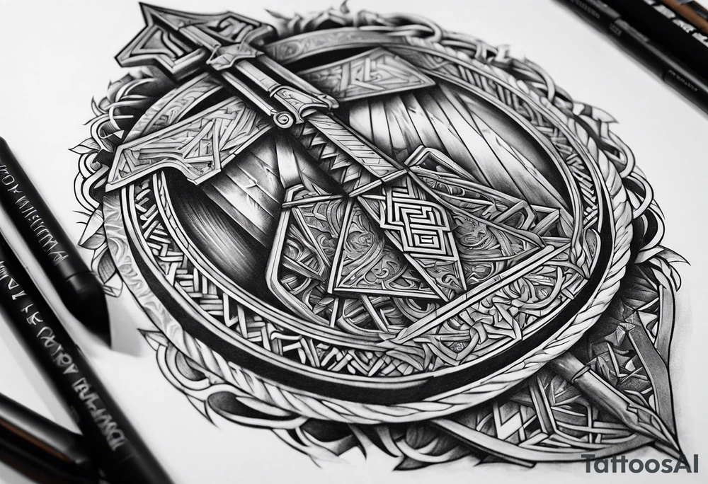 Valhalla sword shield  axe Valknut stairs tattoo idea