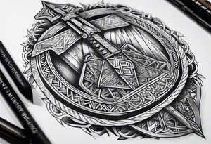Valhalla sword shield  axe Valknut stairs tattoo idea
