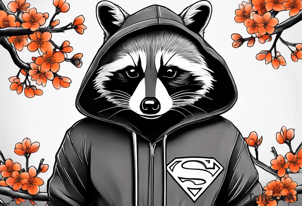 raccoon wearing a black and white Superman hoodie and orange Japanese cherry blossoms tattoo idea