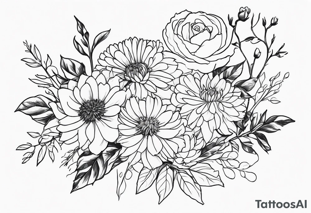 Asters, roses, hawthorns, and chrysanthemums in a long line tattoo idea