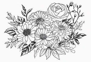 Asters, roses, hawthorns, and chrysanthemums in a long line tattoo idea