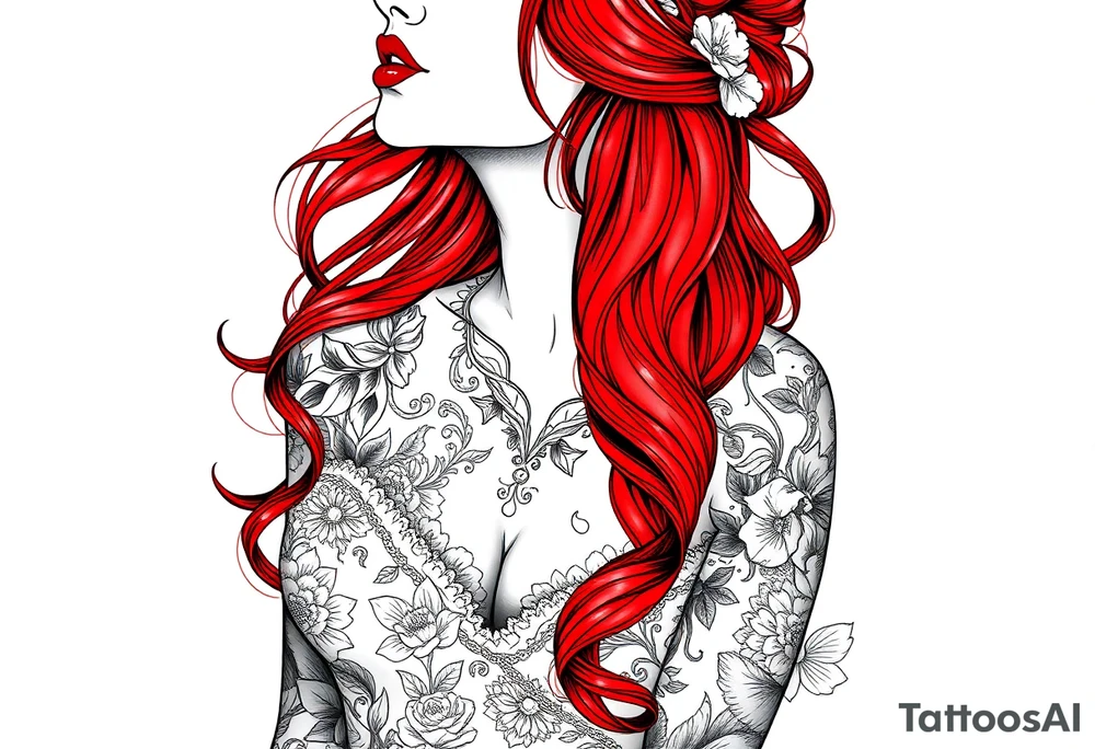Woman with long red hair and red lipstick with lots of tattoos in her wedding dress tattoo idea