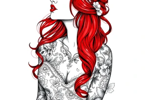 Woman with long red hair and red lipstick with lots of tattoos in her wedding dress tattoo idea