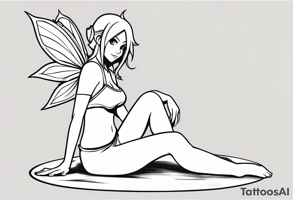 A fairy with a tail inspired by the logo of the show called Fairy Tail in a fetal position leaning in tattoo idea
