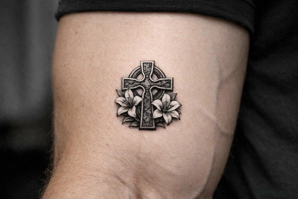 Celtic cross with Lillies memorial tattoo idea