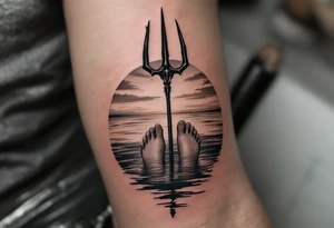 trident with bare feet half way under calm water at sunset tattoo idea