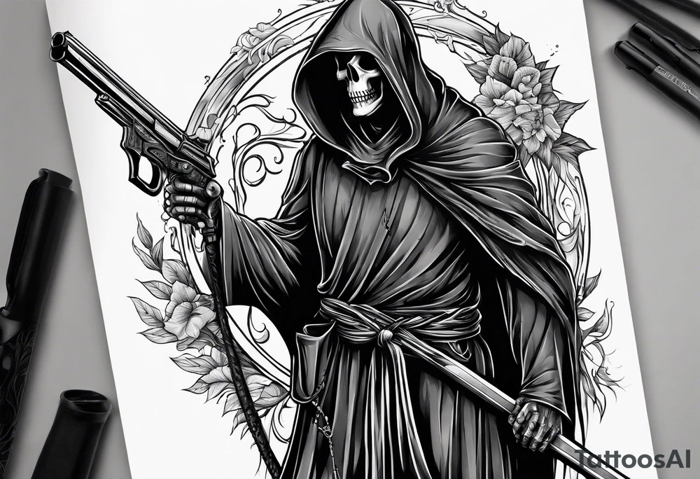 grim reaper with sword and pistol tattoo idea
