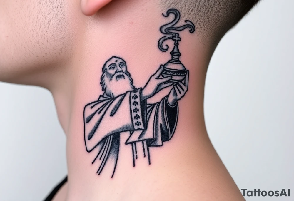 Russian Orthodox Priest in fully detailed vestment swinging a censer with smoke curling upward tattoo idea