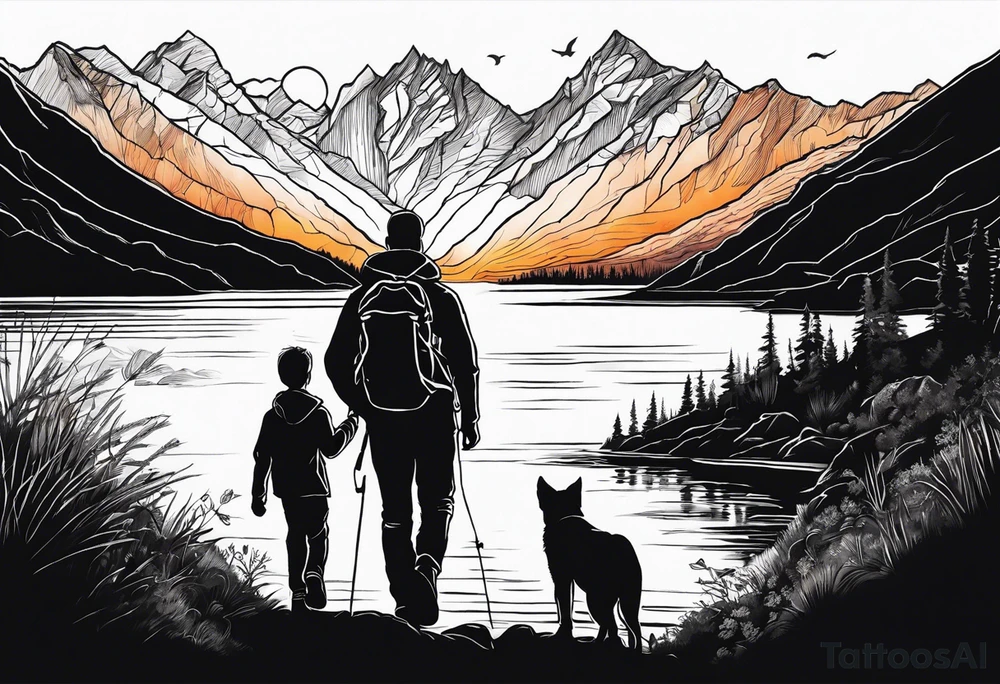 nature, sunset, mountains, a father and son hiking with their dog and cat by the water tattoo idea