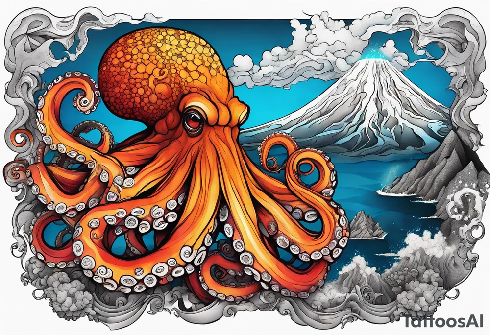 Octopus, volcano eruption, broken bridge tattoo idea