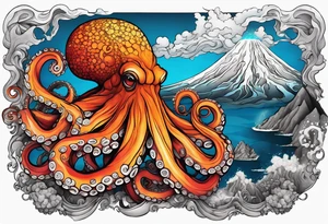 Octopus, volcano eruption, broken bridge tattoo idea