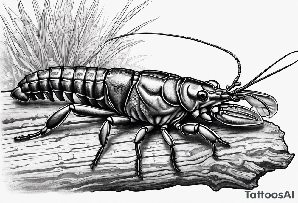 Crayfish with small body on a log with fish tattoo idea