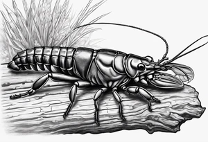 Crayfish with small body on a log with fish tattoo idea