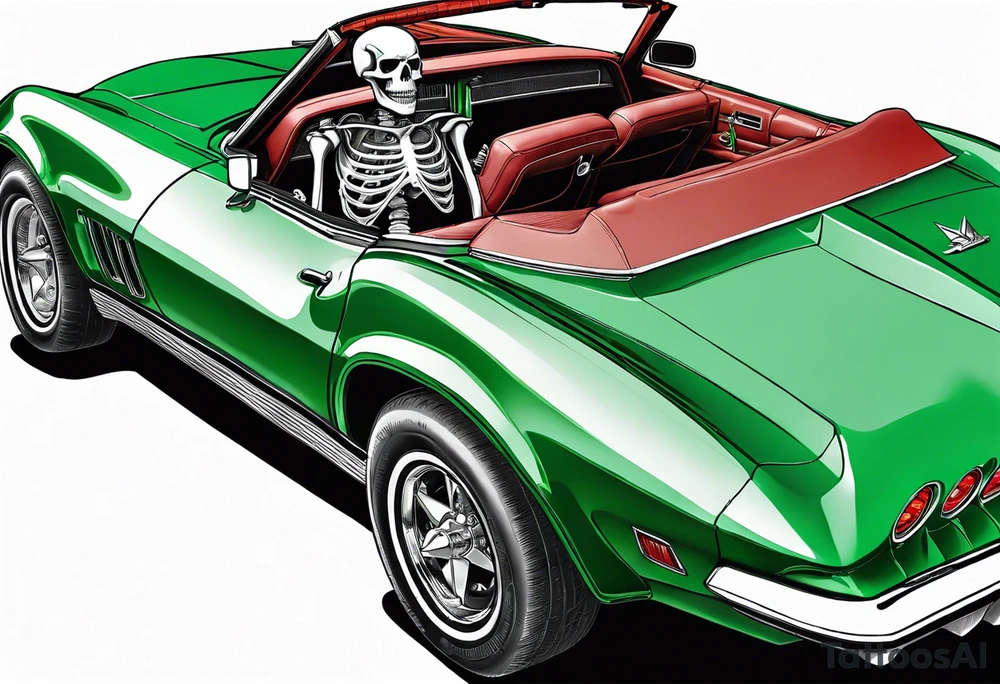 Skeleton smoking a cigarette driving a green 1976 convertible Corvette tattoo idea