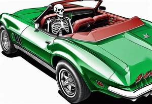 Skeleton smoking a cigarette driving a green 1976 convertible Corvette tattoo idea