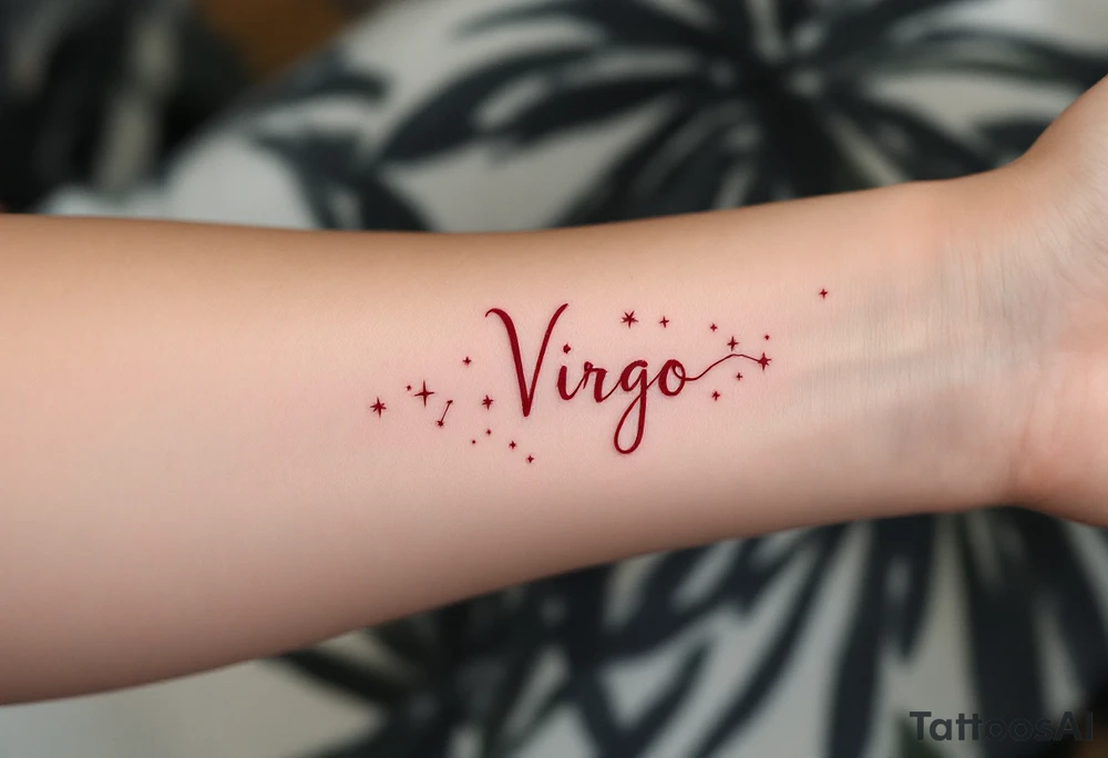 A bold Virgo sign in crimson red centers the arm with delicate white stars orbiting in constellation form. tattoo idea
