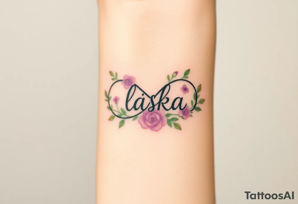 A floral infinity symbol in soft lavender and green, with word "láska" seamlessly entwined between delicate blooming roses tattoo idea