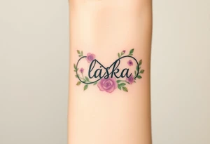 A floral infinity symbol in soft lavender and green, with word "láska" seamlessly entwined between delicate blooming roses tattoo idea