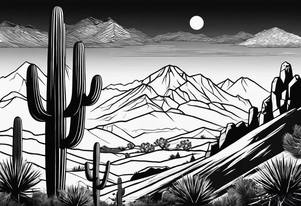 Mountains, cactus, silhouette of man and woman tattoo idea