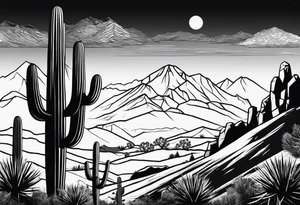 Mountains,  cactus, silhouette of man and woman tattoo idea