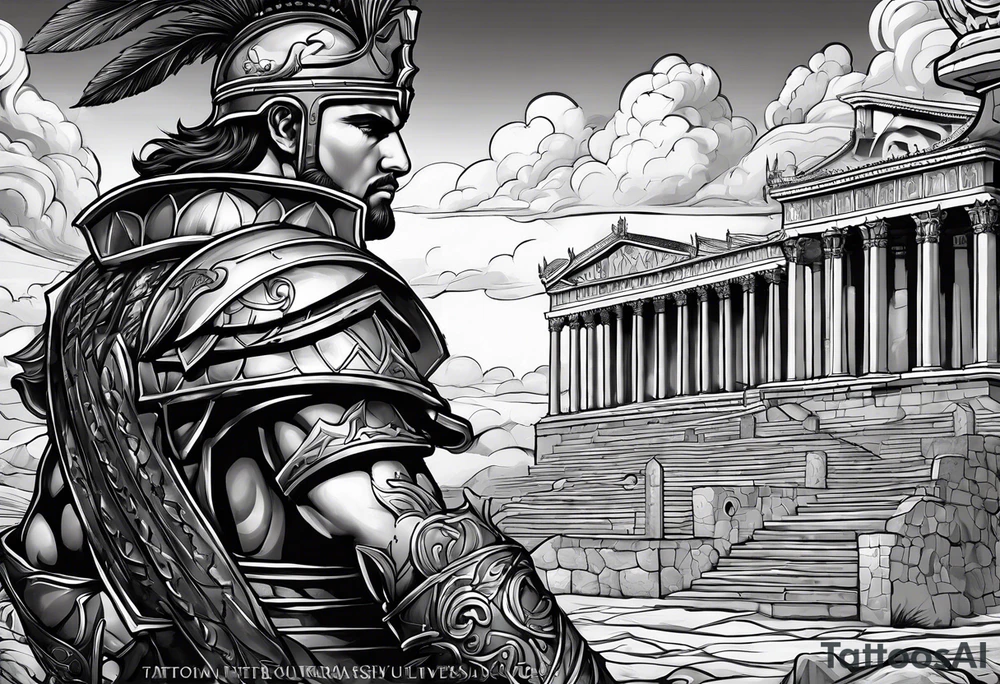 Romain Gladiator full sleeve right arm. Can have Roman buildings, sunset, clouds, fire (no animals) tattoo idea
