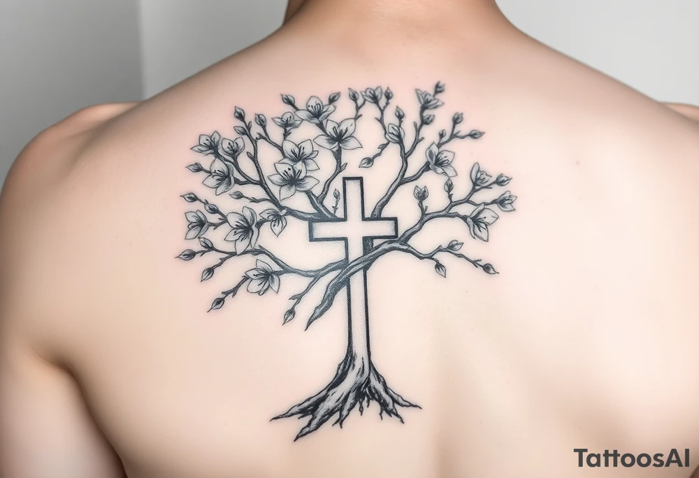 tree of life with cherry blossoms with the cross inside and some of the branches wrapping around it on my inner arm tattoo idea