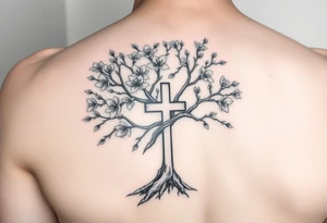 tree of life with cherry blossoms with the cross inside and some of the branches wrapping around it on my inner arm tattoo idea
