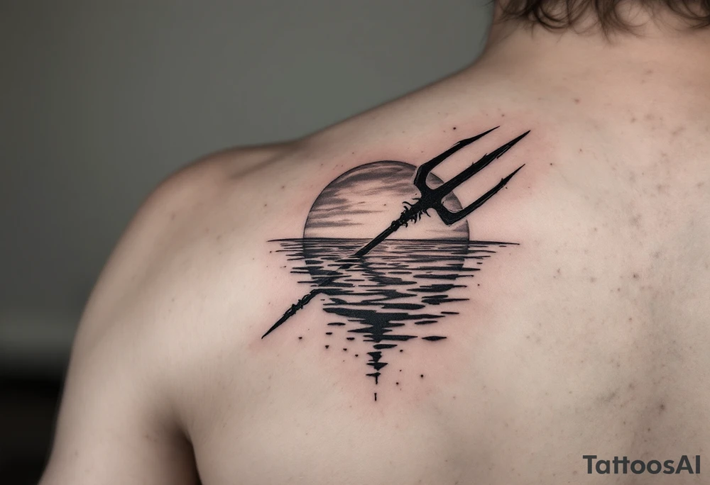 trident half way under calm water with sunset tattoo idea