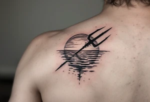 trident half way under calm water with sunset tattoo idea
