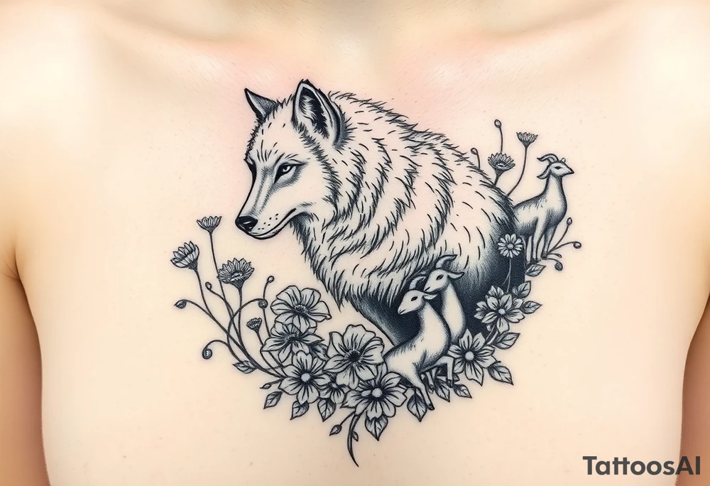 Wolf wearing a sheeps wool around its body like a robe  prowling around flower weeds with lambs and goats and peacocks tattoo idea