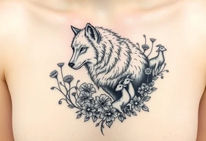 Wolf wearing a sheeps wool around its body like a robe  prowling around flower weeds with lambs and goats and peacocks tattoo idea