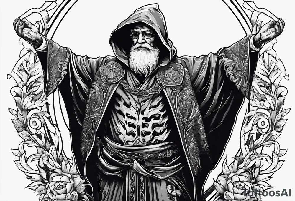 old man in cloak wrestling with a skeleton tattoo idea