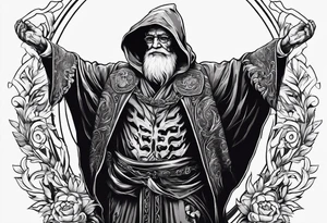 old man in cloak wrestling with a skeleton tattoo idea