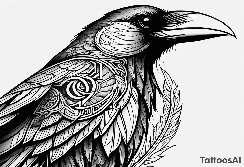 Black and white odins raven in a Norse rune style for placement on the neck with the ravens wings going up the sides of the neck tattoo idea