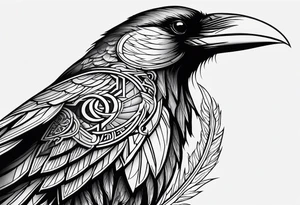 Black and white odins raven in a Norse rune style for placement on the neck with the ravens wings going up the sides of the neck tattoo idea