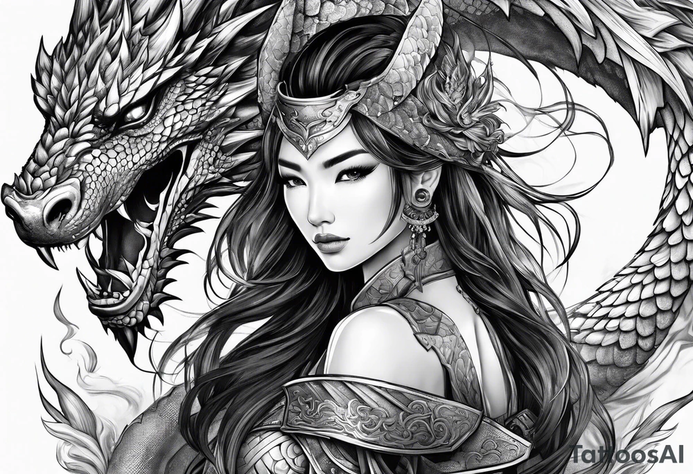 beautiful warrior woman wearing dragon armor tattoo idea